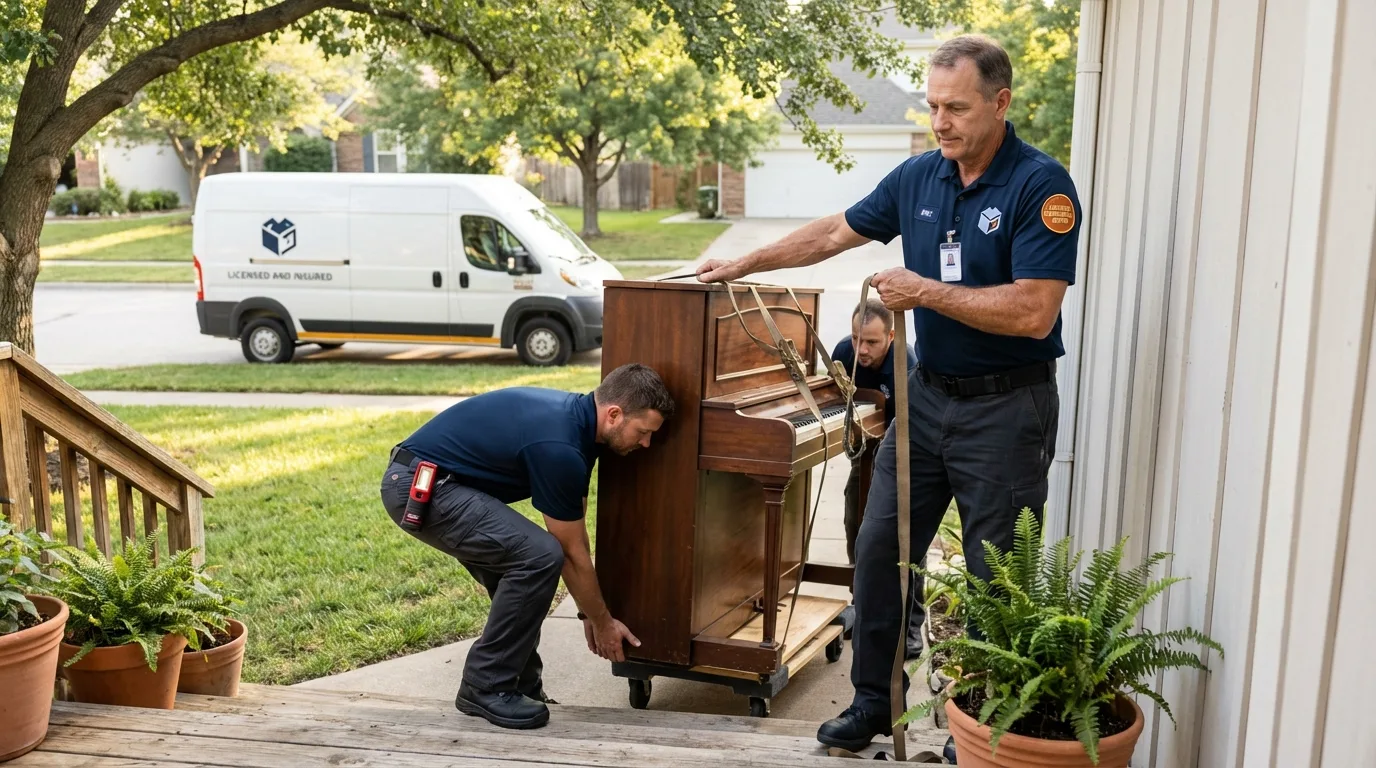 Licensed piano movers securing grand piano in Addison, IL