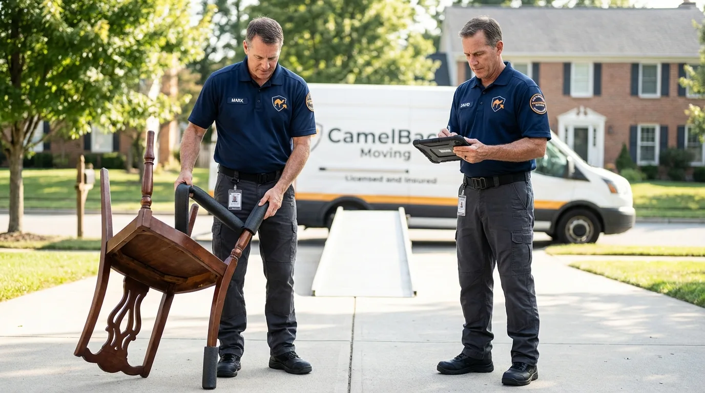 Movers inspecting furniture for damage prevention before loading in Addison, IL